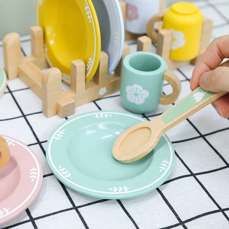 [2 opzioni disponibili] Set da cucina in legno per bambini con set di stoviglie e coltelli - Giocattolo da cucina educativo interattivo