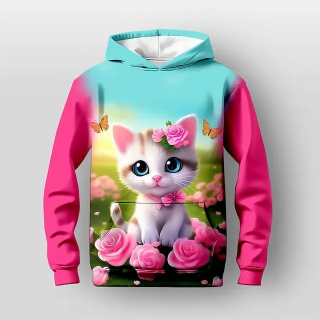 Bloemen Cartoon Kat 3D Print Hoodies Dames Oversized Sweatshirt Met Capuchon Straat Y2K Tops Trainingspak Unisex Jas Kleding