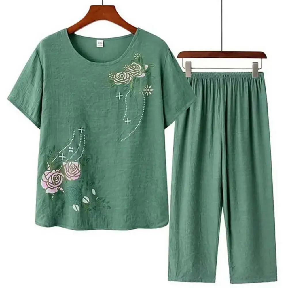 Summer Pant Two Pieces Set Women Short Sleeve Elegant Floral Print Suits T-shirt Loose Pants Sets Outfit Middle-aged