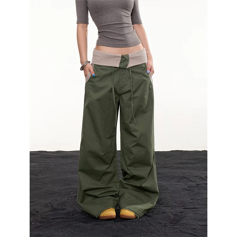 Spring Summer  Loose Roll Waist Drawstring Drawstring Wide Leg Pants Lady Draped Designer Style Trendy Long Trousers