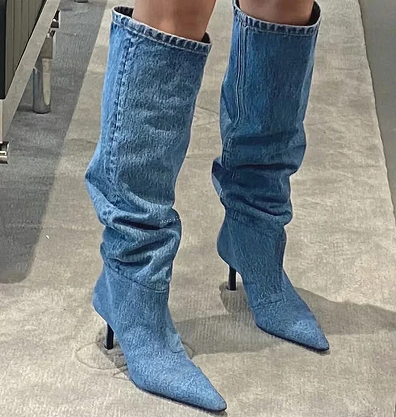 

Pre-Sale Light Blue Denim Women Knee Boots Stacked Brand Design Booties Concise Pointed Stiletto Heels Slip On Street Style Shoe