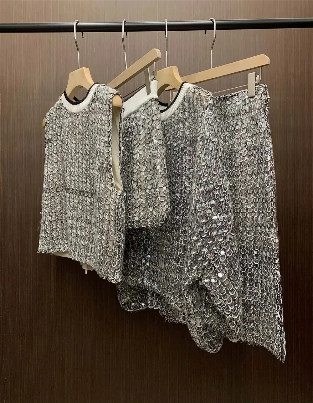 Luxurious sequins embellished Vest Half Skirt Elastic Waist Shorts Loose Long Sleeve Top Women Clothing 4-Piece Set