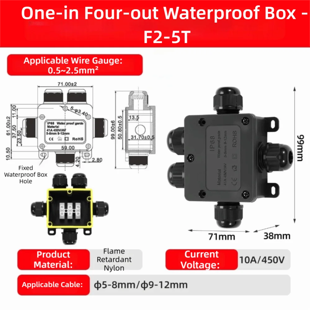 IP68 Rated Outdoor Waterproof Junction Box 2-6 Way Sealed Retardant IP68 Waterproof Junction Box PC Plastic