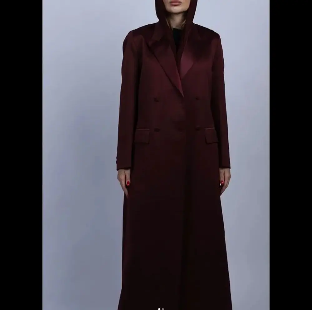 Dark Burgundy Women Long Jacket Double Breasted Female Daily Coat Formal Ankle Length Dress jaqueta feminina