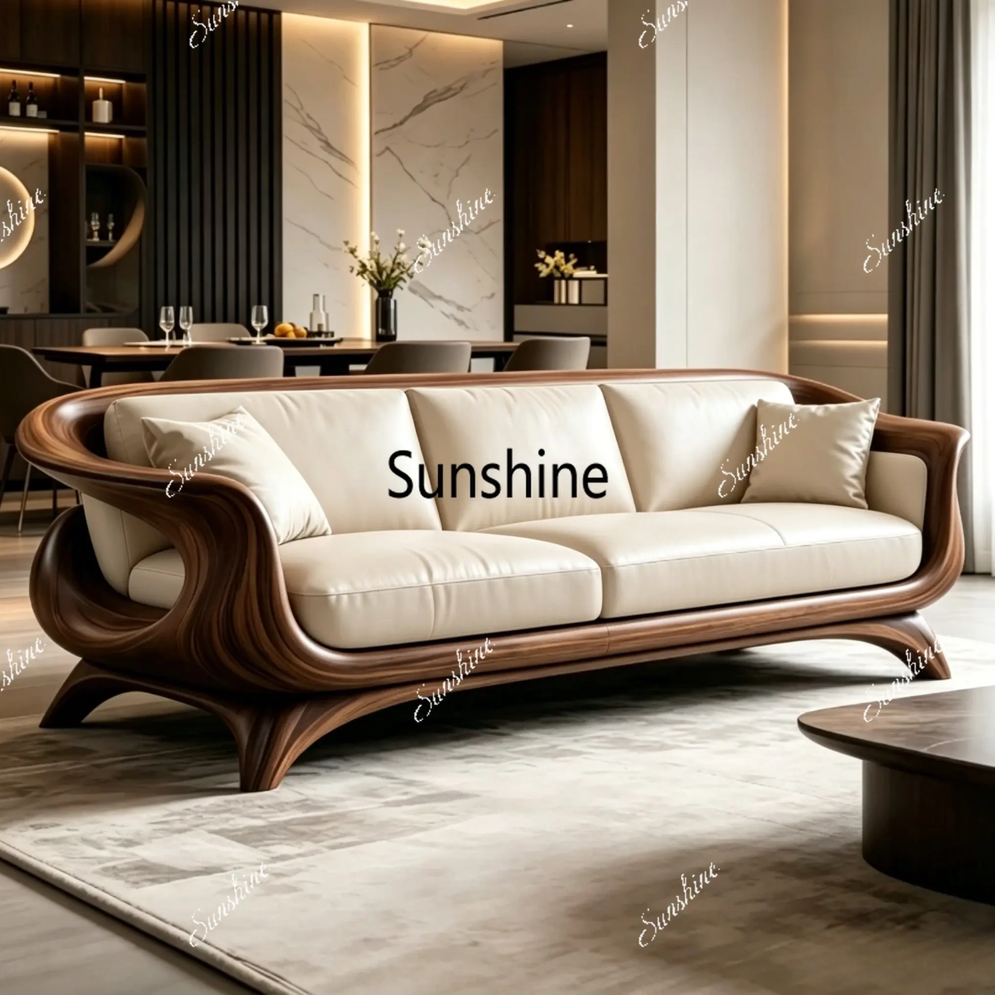 

New Chinese light luxury large and small apartment living room high-end solid wood leather sofa