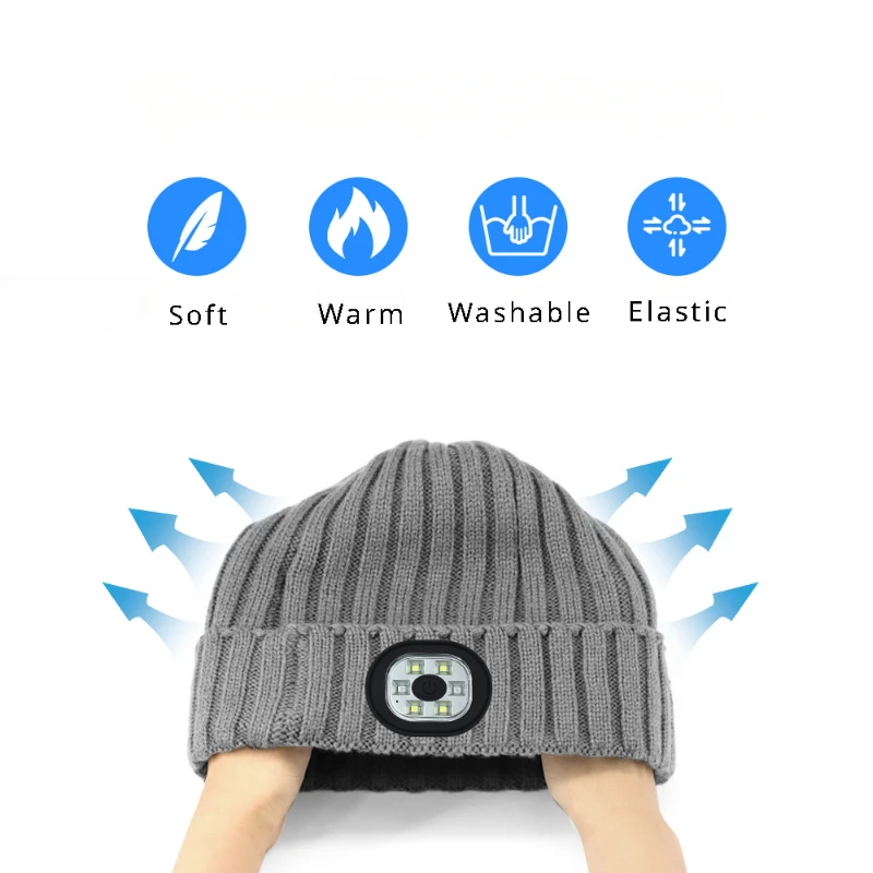 Fashion LED Hats, Rechargeble LED Flashlights Head Lamp Beanie Hats , Unisex Knitted Winter Warm Beanie Caps for Running Fishing