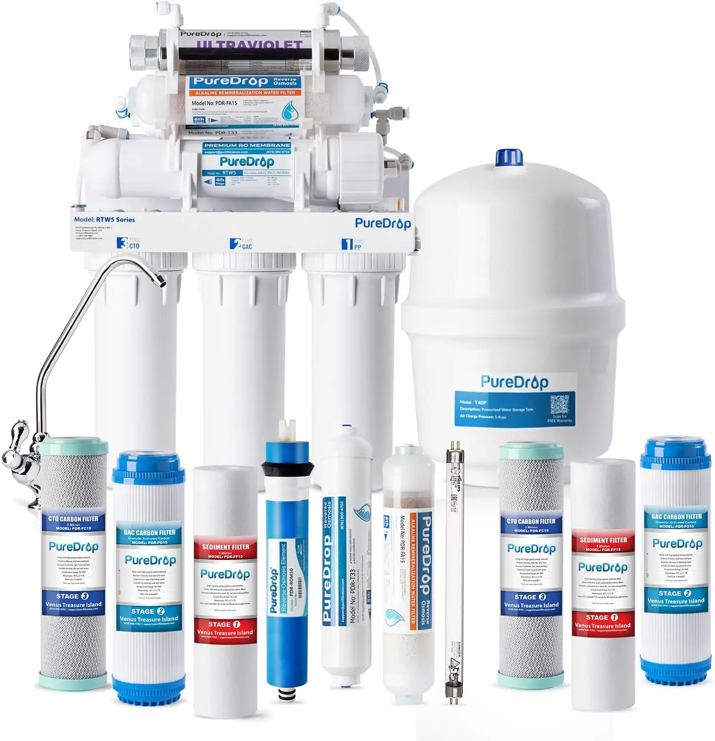 RTW5AK-UV Reverse Osmosis Water Filter System with Alkaline Remineralization & UV Filter 7-Stage RO Water Filter System