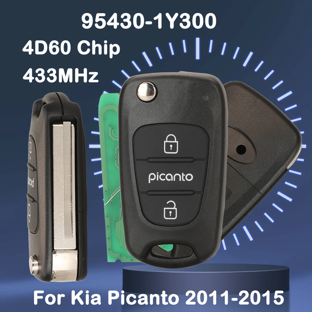 jingyuqin 3-Tasten 433MHz 4D60 Chip für Kia Picanto 2011-2015 Klappbarer Fernbedienungs-Autoschlüssel 95430-1Y300 SEKS-KM10TX Auto-Schlüsselanhänger