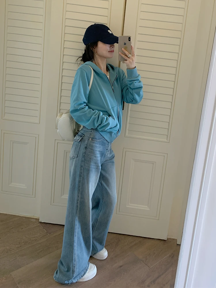 

High Waist Slimming Micro Flare Casual Light Blue Waed ket Denim Jeans Spring Summer Trendy Women's Cotton Zipper Pants