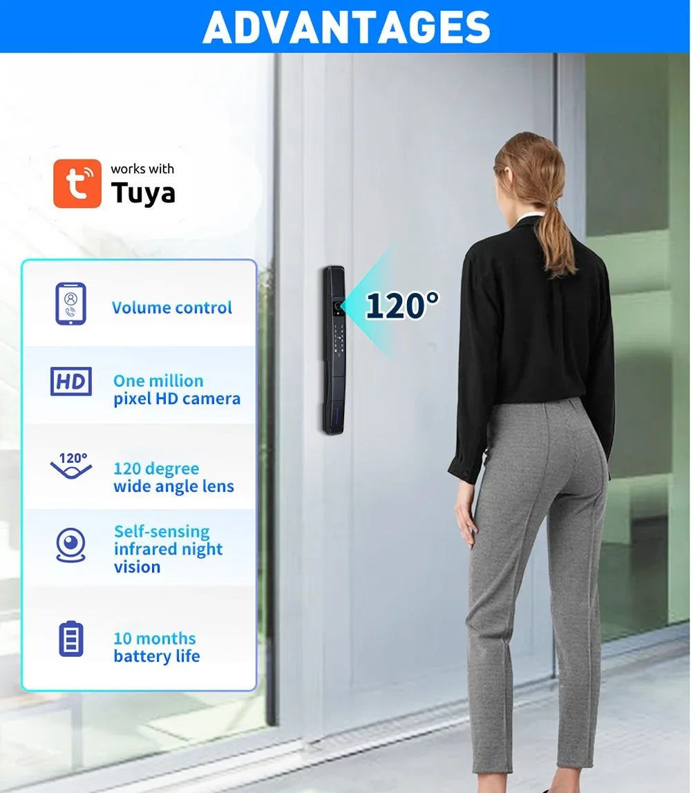 Cerradura de aluminio con reconocimiento facial 3D, dispositivo de cierre de puerta inteligente con reconocimiento facial, resistente al agua IP64, completamente automático, Digital, huella dactilar, TTLock, Tuya, WiFi