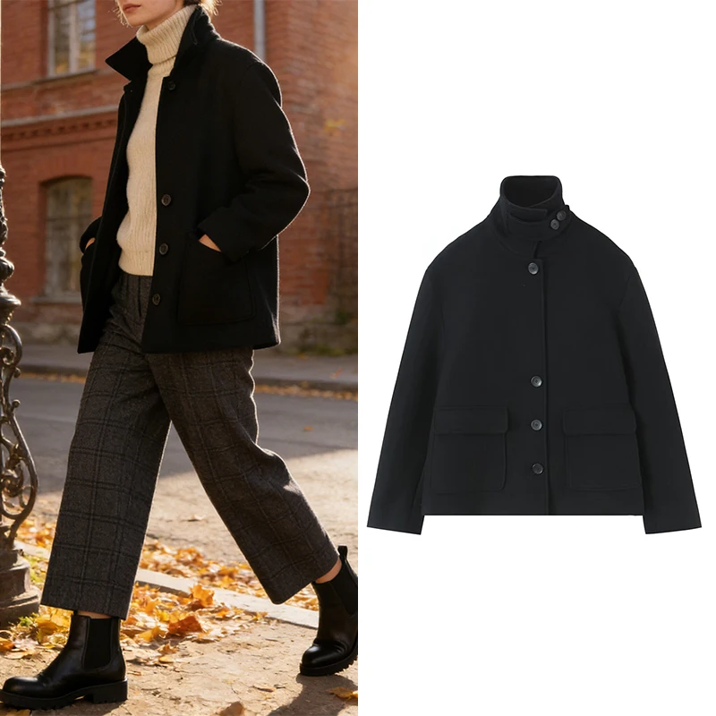 

Женское черное шерстяное пальто с воротником-стойкой — однобортная повседневная куртка, модный стиль ранней весны