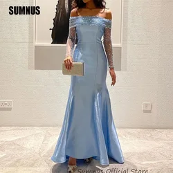 SUMNUS Sky Blue Mermaid Evening Dresses Boat Neck Long Sleeves Shiny Celebrity Dubai Arabic Women Beads Formal Party Gowns