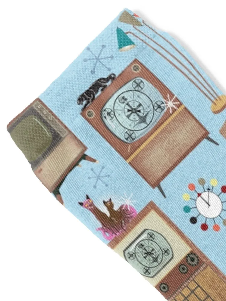 1950s Vintage Television Sets with Cat Lamps and Atomic Clocks Socks valentine gift ideas snow kawaii floral Socks Men Women's