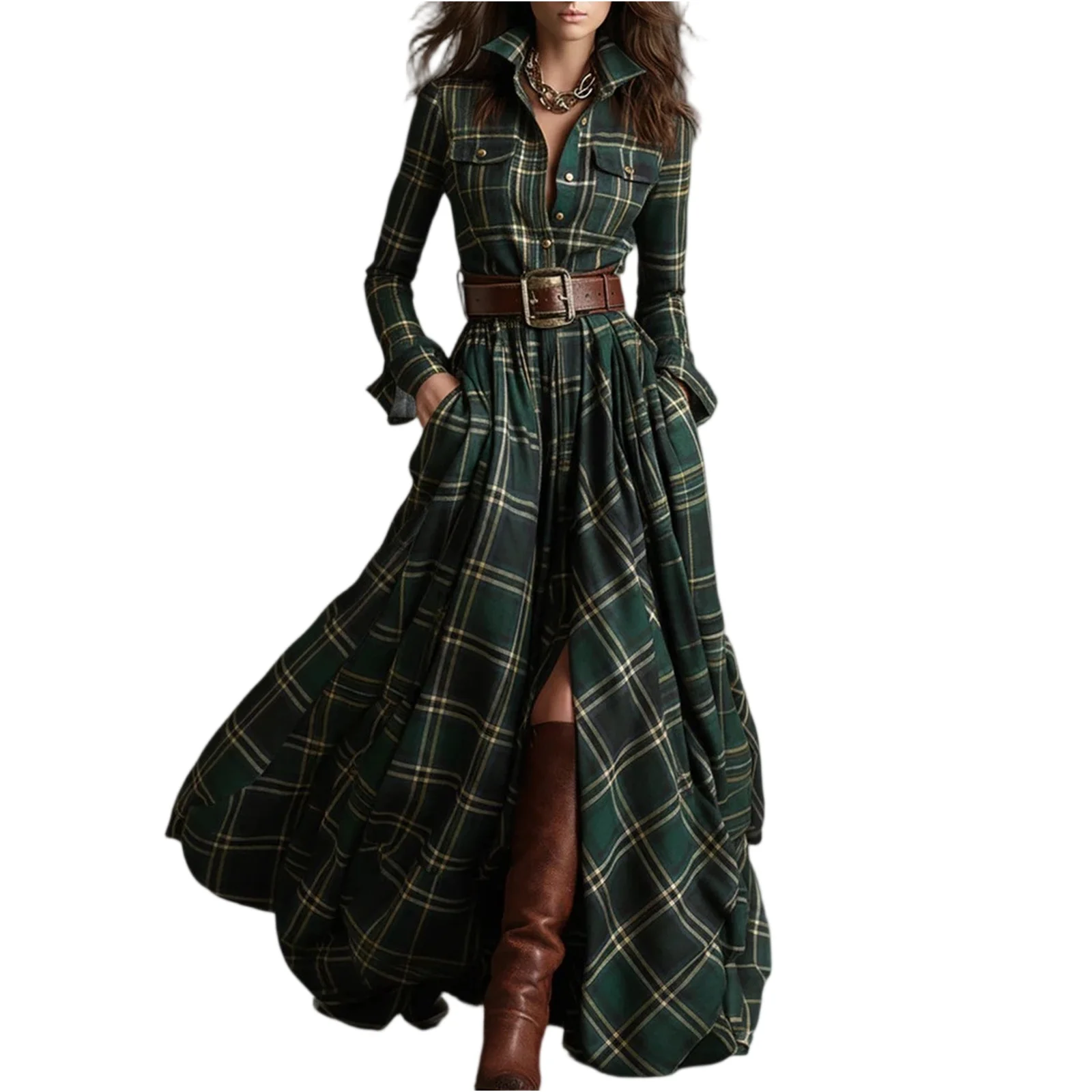 Retro Plaid Irregular Long Women's Dresses Fashion Belt Spring Autumn Long Sleeve Lapel Buttons Shirt Dress For Women Oversized