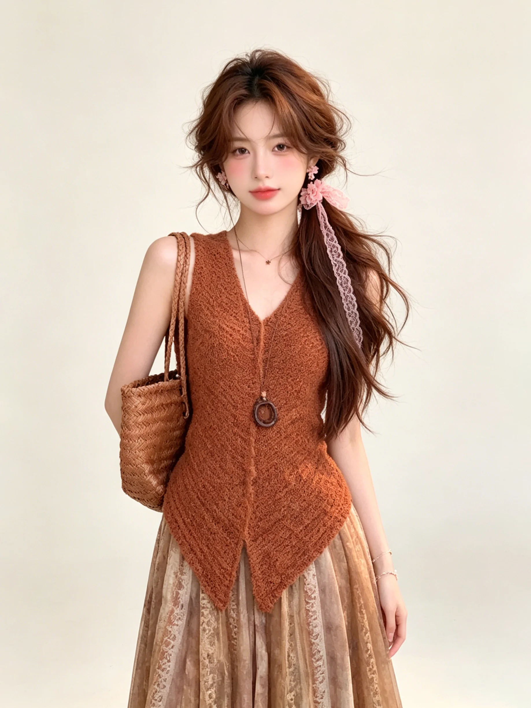 

Bohemian Style Women's Summer Vintage Coffee V-neck Sleeveless Knitted Vest Print Half-skirt Two-piece Set Breathable Lightwe...