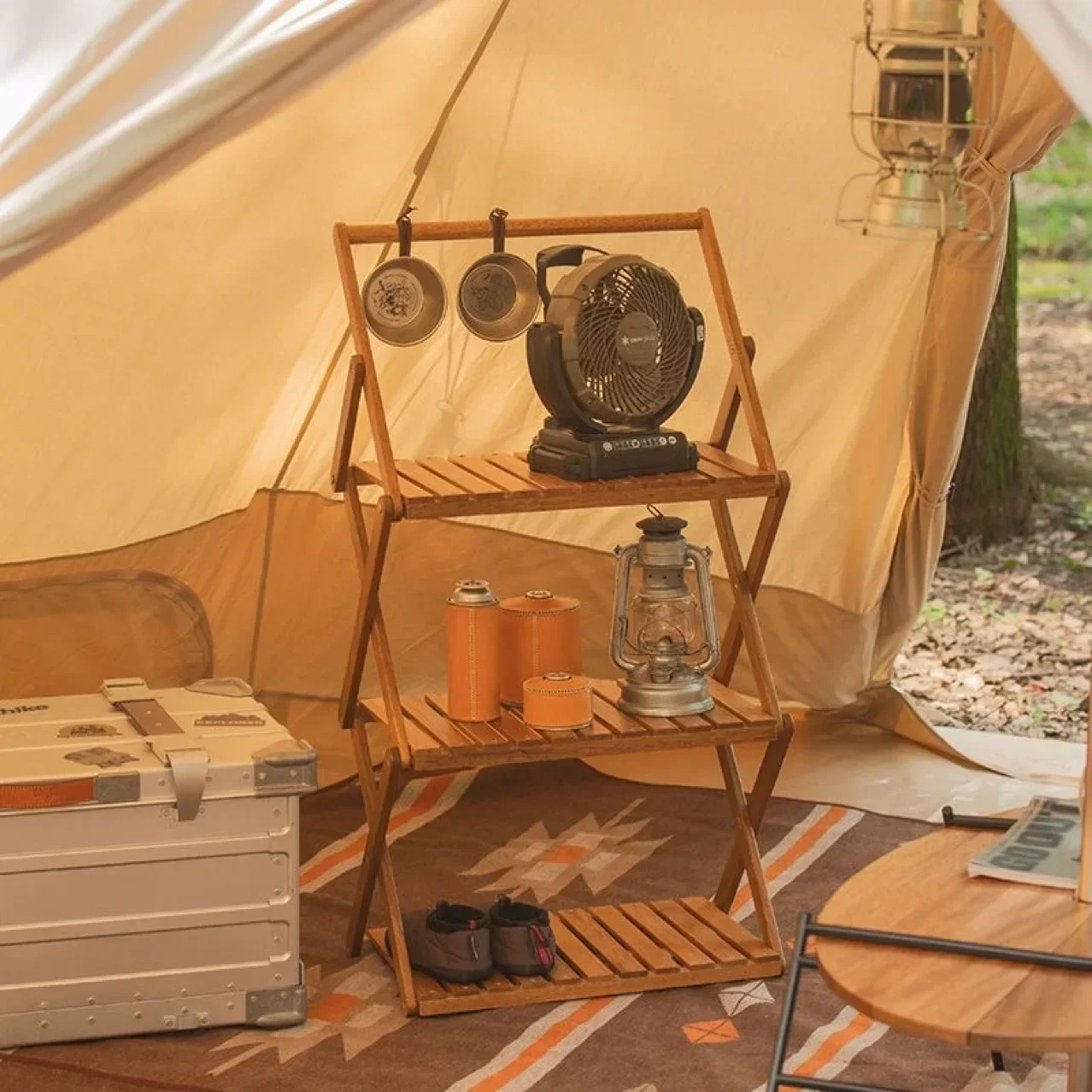 Mesa de Camping para exteriores, estante lateral Deformable, estante de almacenamiento, mesa plegable, soporte de plantas multicapa