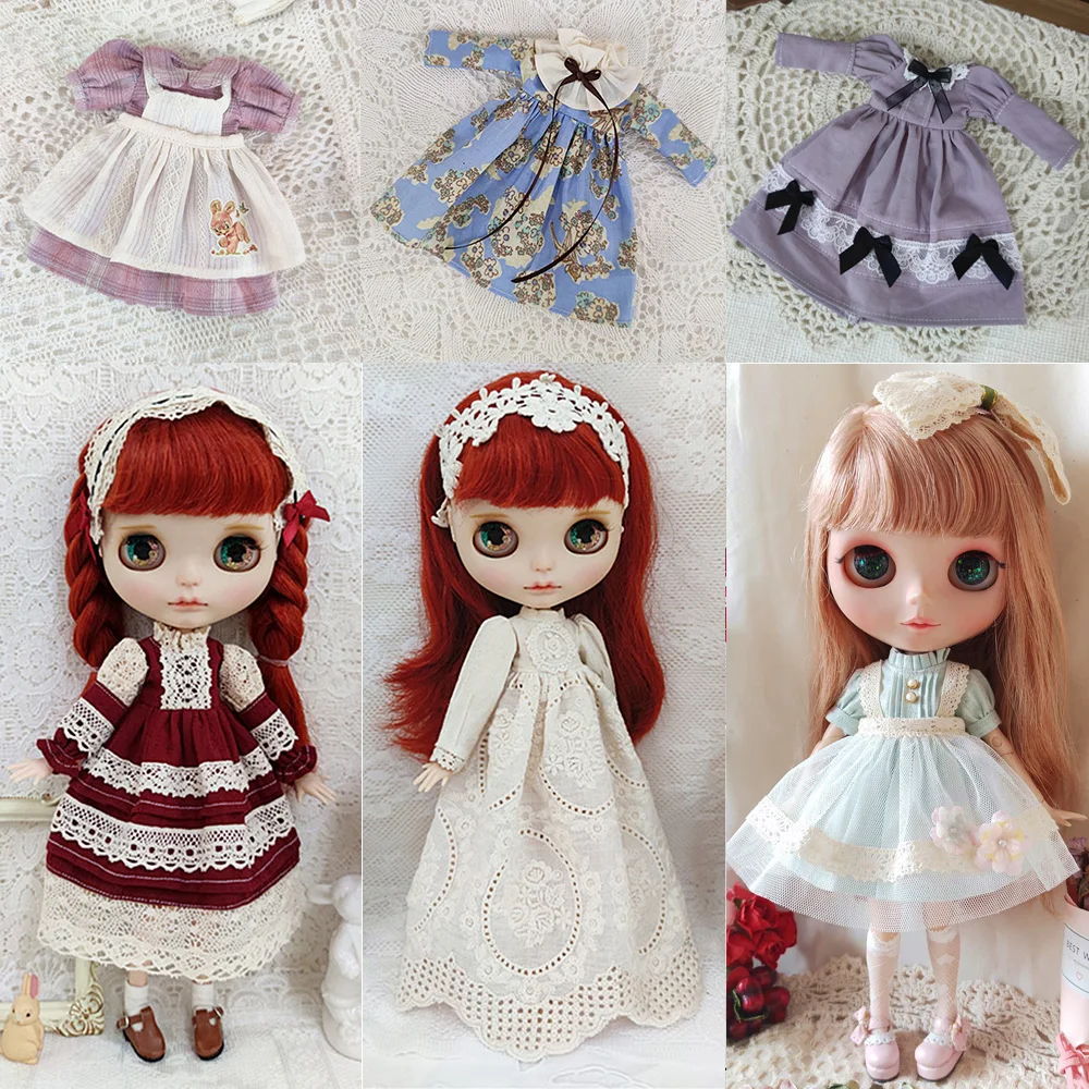 Blyth Long Dress Princess Dress Doll Clothes Vintage Girl Lace Skirt Headdress For Ymy、Licca、Azones、Ob24、Ob27 Doll Accessories