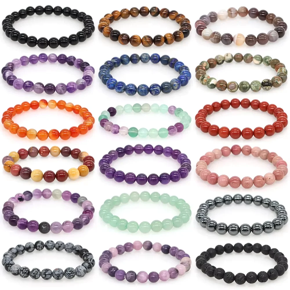 Pulsera de cuentas redondas de piedra Natural, brazalete elástico elástico de cristal curativo de Chakra de cuarzo rosa amatista para mujeres y hombres, regalo de joyería