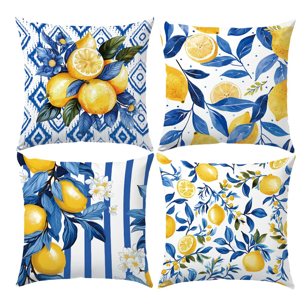 1/4pcs Coastal Blue Stripe Lemon Blossom Throw Pillow Cover Home farmhouse outdoor decoration cushion cover