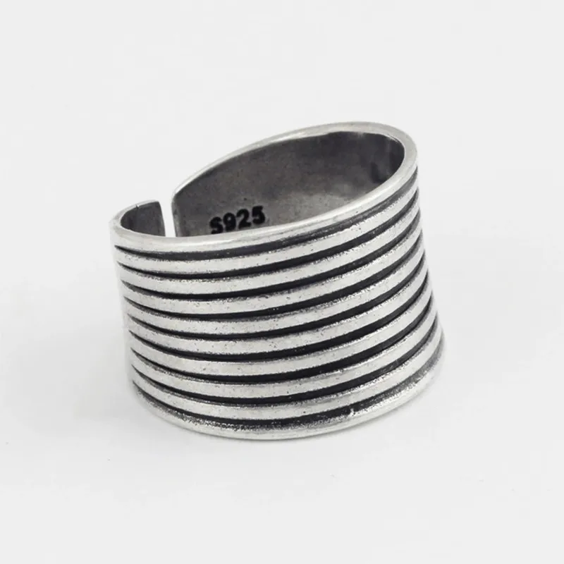 

Кольца Sam Panda из стерлингового серебра 925 пробы для женщин, ювелирные изделия с геометрическим рисунком, регулируемое винтажное широкое кольцо в полоску для вечеринки, подарка на день рождения