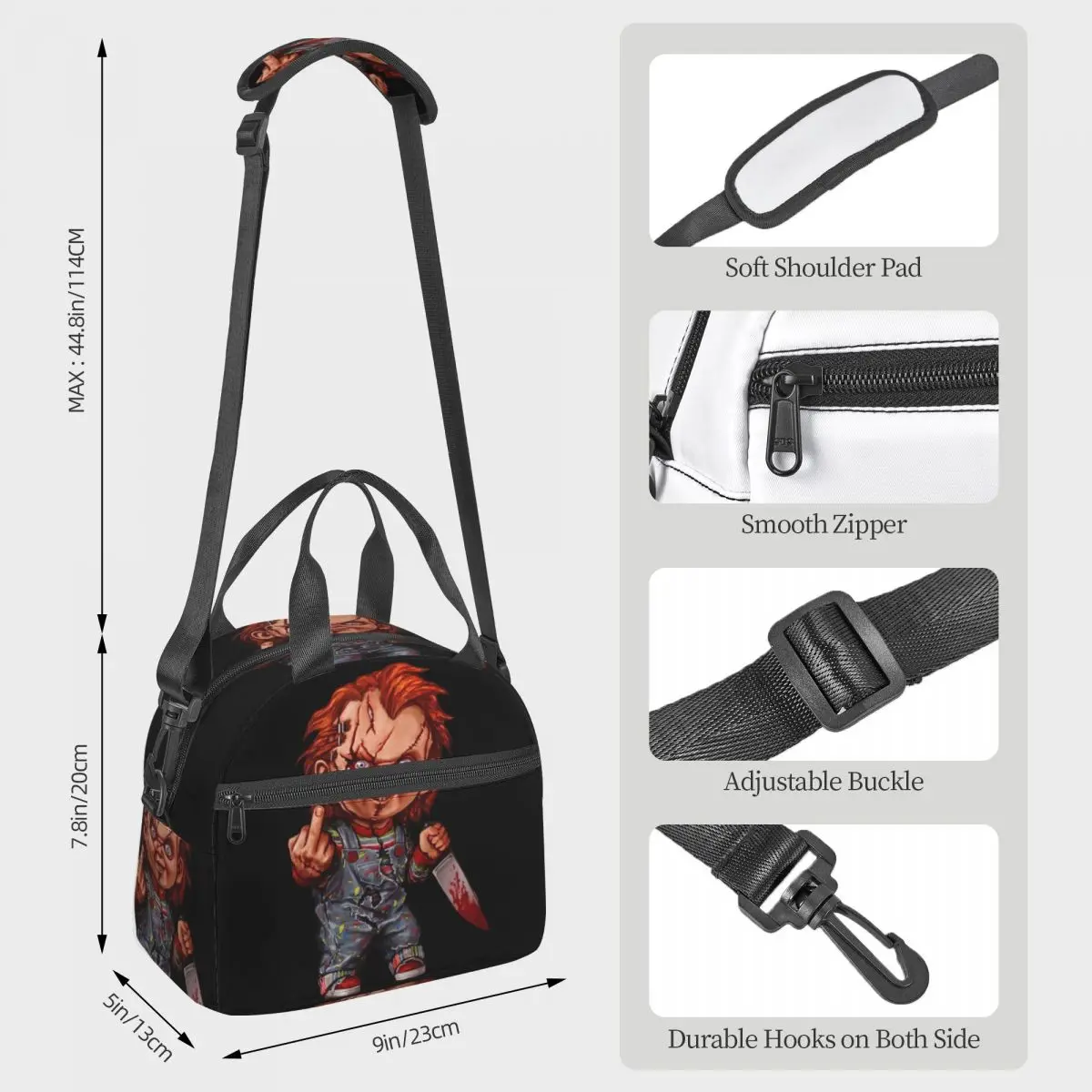 Die Killer puppe Zubehör große isolierte Lunch-Tasche mit verstellbarem Schulter gurt Horror Chucky Thermo kühler Bento Box