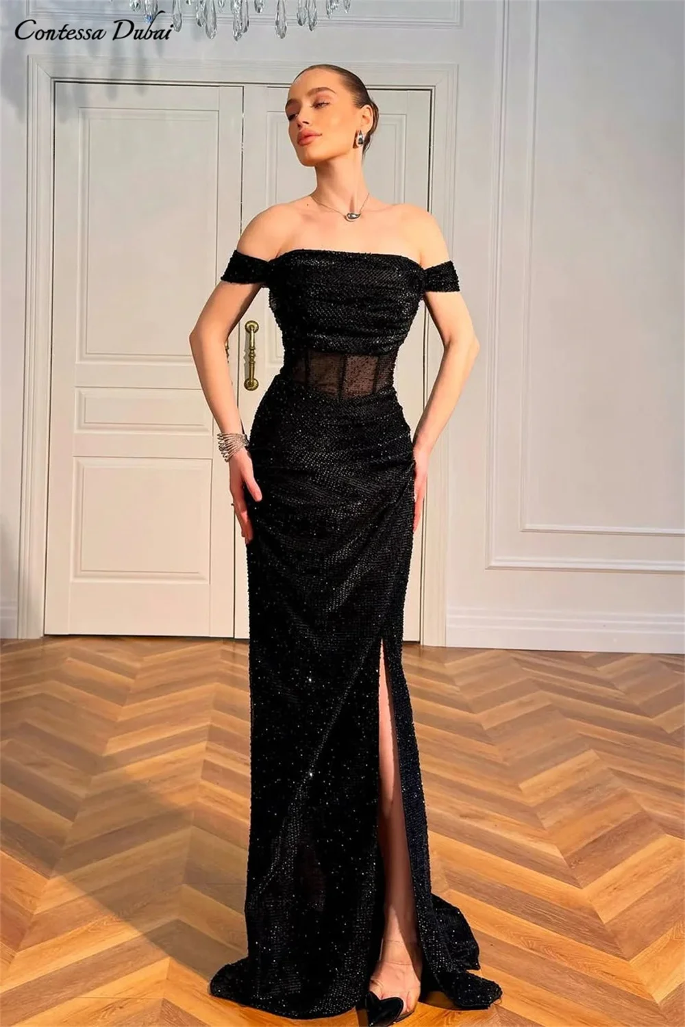 Contessa personnalisé noir épaules dénudées dos nu robe de bal fente latérale robes de soirée cheville-longueur femmes robes de gala de soirée