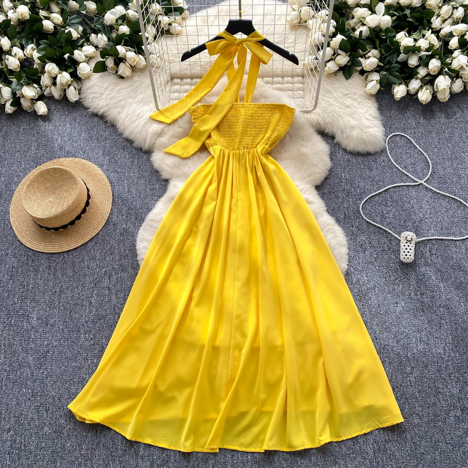 فستان أنيق بقصة A-Line متوسط الطول للنساء بخصر مرتفع وتصميم رقبة مربوطة يبرز الرشاقة على الطراز الكوري مناسب للعمل في الربيع ...