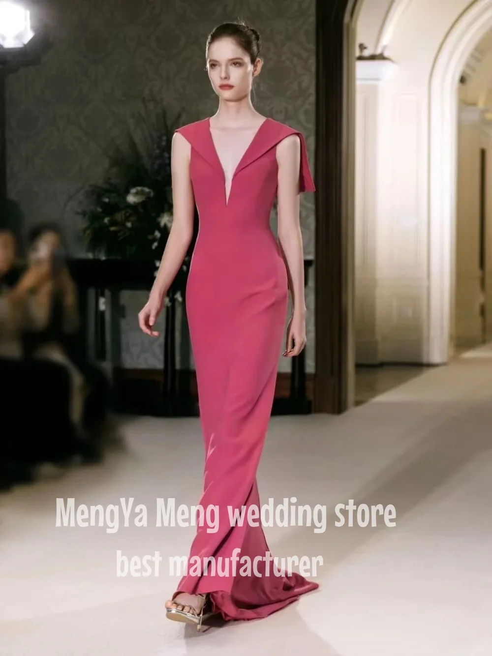 

ZHUISHU Fashion Sexy Grand Deep V Neck Evening Gown Winged Shoulder Long Small Train Ball Gown Hot Pink Customized Formal Dress
