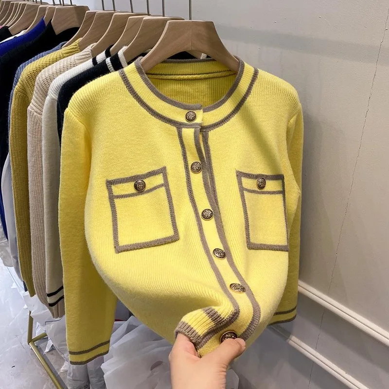 

Spring Autumn Simple O-neck Knitted Cardigan Solid Black Sweaters Casual Coat Women Fashion Trend All-match White Tops Mujer