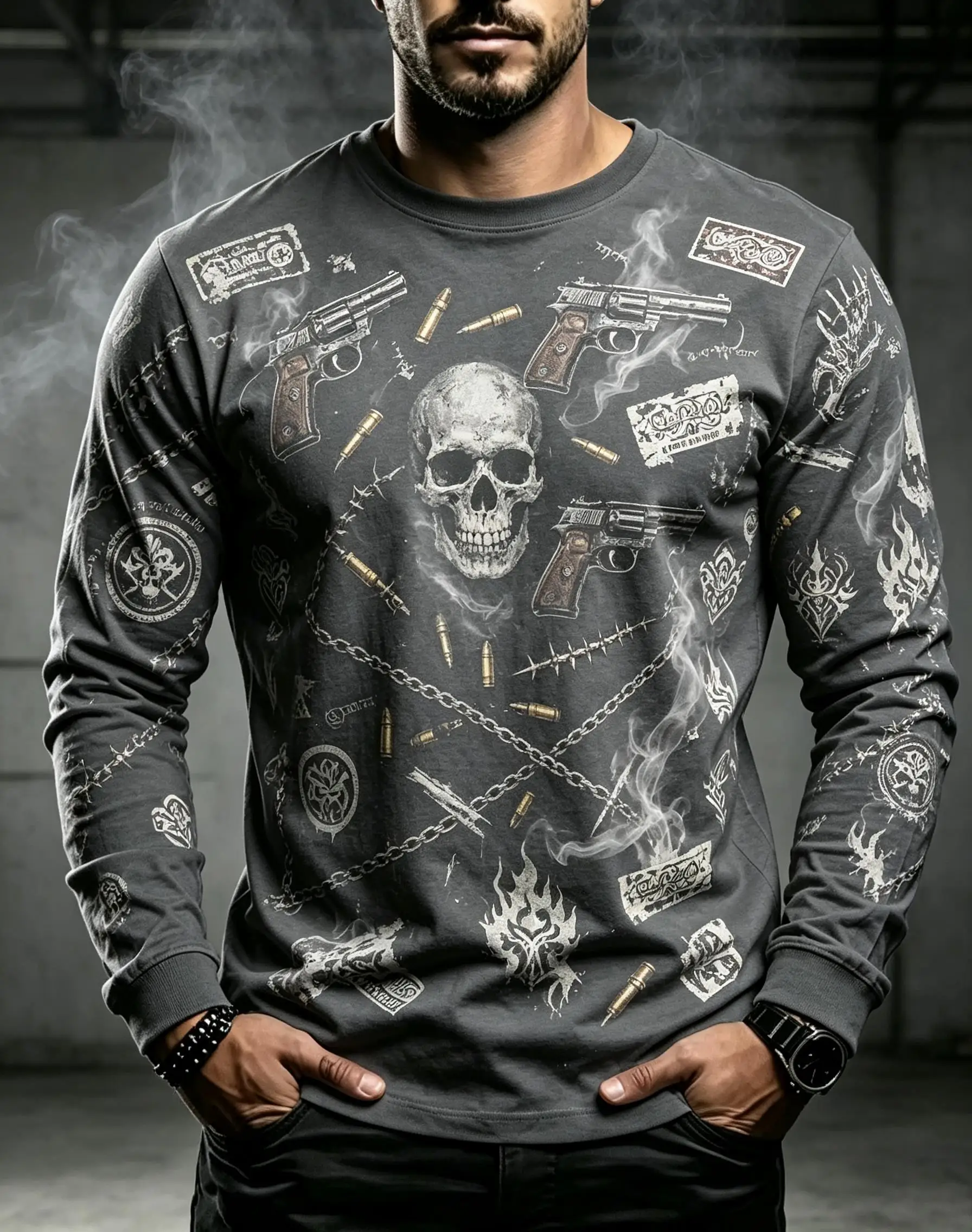 Men Crew Neck Long Sleeve T-shirt, Charcoal Gray Skull Revolver Bullet Chain Vintage Distressed Print Casual Top