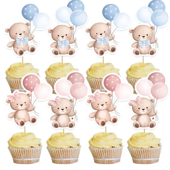 20 pièces Carton ours papier Cupcake Toppers ballon ours pour bébé douche fête enfants joyeux anniversaire décorations bricolage gâteau décoration
