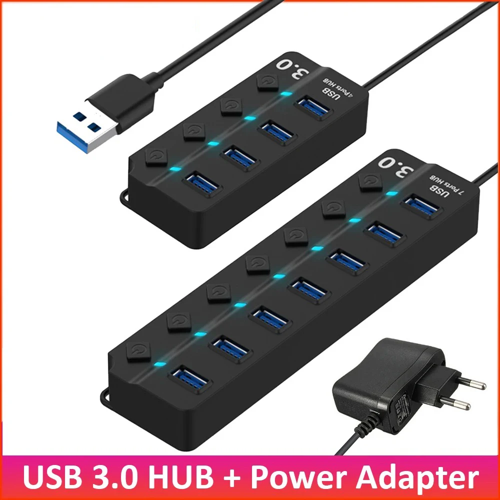 

USB 3.0 Hub 4 / 7 Port Super Speed USB 3 Data Hub with Individual Power Switches & EU/US/UK Power Adapter for MacBook Laptop PC