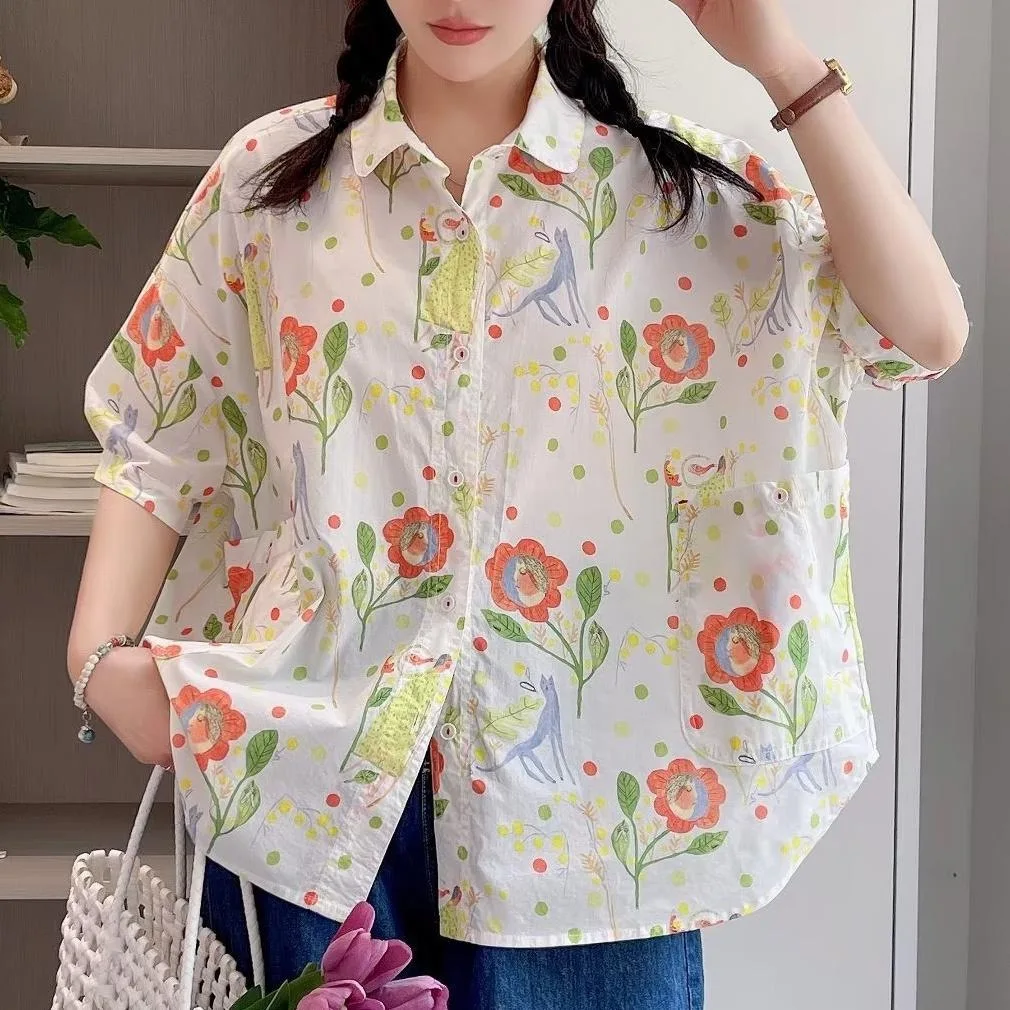 Cotton Harajuku Blouses Woman Tops Vintage Streetwear Floral Printed Oversized Button Up Large Size Shirt Alt Clothes Fashion