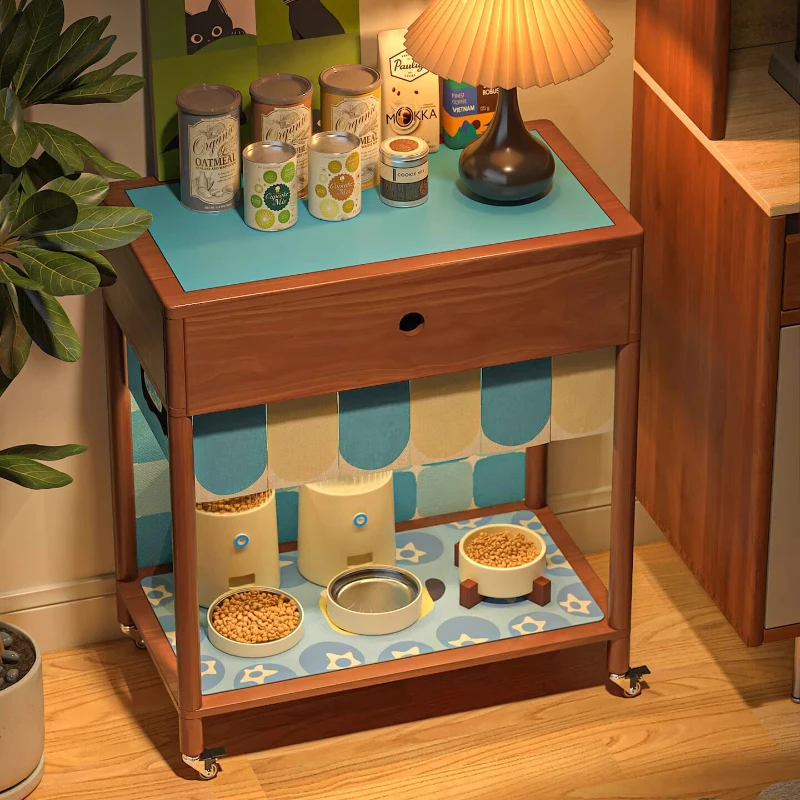 

Mid-Century Pet Sideboards Compact Pet Food Storage with Wheels Vintage Cat Dog Dining Station Space-Saving Pet Supply Organizer