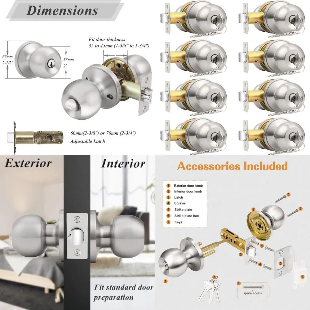

8-Piece Cylindrical Ball Knob Lockset with Same Key, Brushed Nickel Finish, Keyed Alike