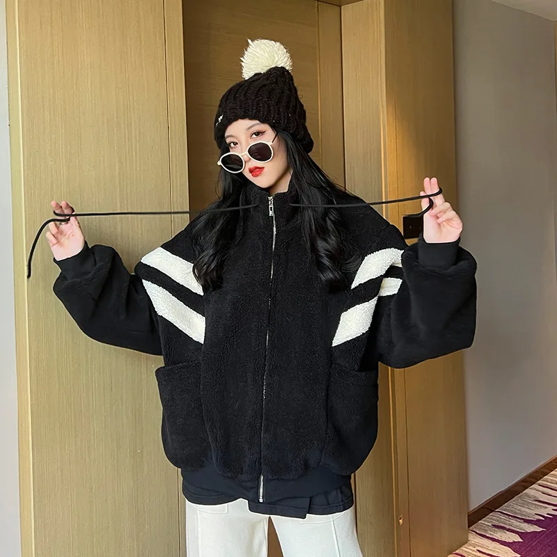 Faux Fur Coats Jackets Women Stand Collar Zipper Coat Thick Warm Y2k Streetwear Casual Loose Jacket Elegant Work Autumn Winter