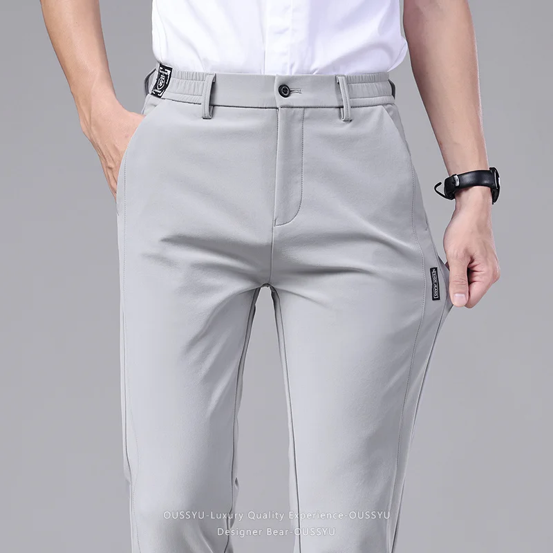 Sommerliche ultradünne elastische Herren-Freizeithose, schnell trocknende, schlanke, gerade Business-Hose aus Eisseide, einfarbig, Schwarz, Grau, 28-38