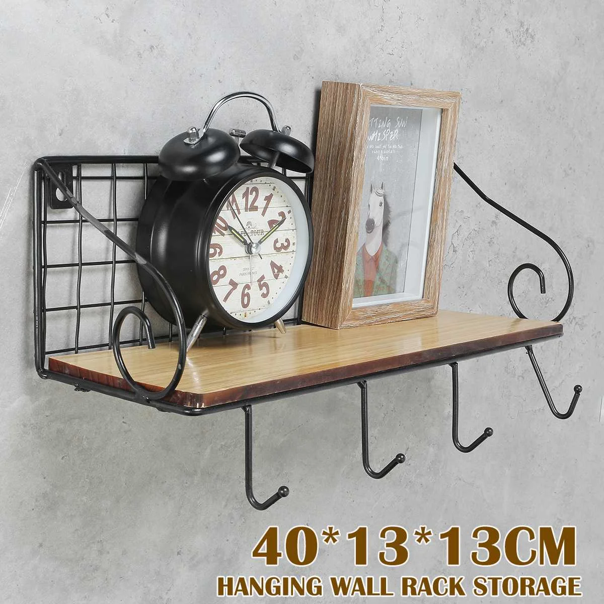 Wooden Iron Wall Shelf Wall Mounted Storage Holder Rack Hanging Organizer Hook For Kitchen Bedroom Home Decor Kid Room