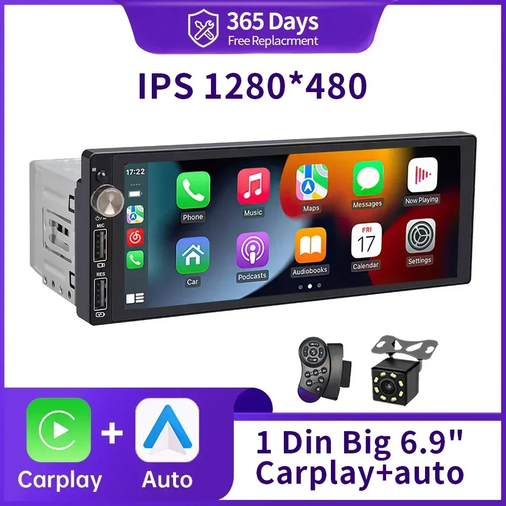 US.EU IPS 6.9 Inch 1Din Carplay Android Auto Car Radio Multimedia Video MP5 Player 1 Din No DVD with Bluetooth Stereo USB Chargi