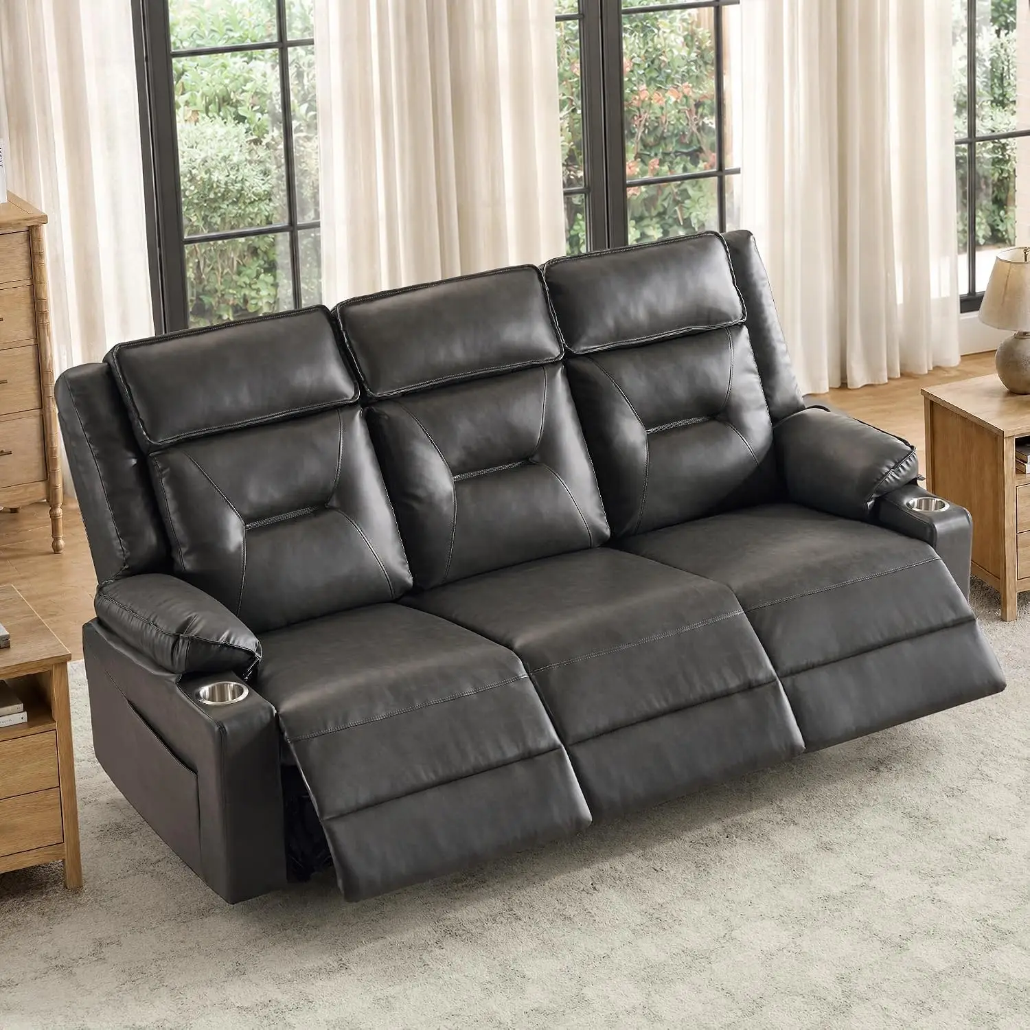 3-Seater Manual Reclining Sofa, Faux Leather Upholstery, Living Room Furniture, Customized