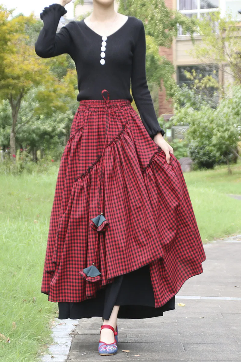 TIYIHAILEY-Women\'s Plaid Irregular Skirts, Long Maxi, Elastic Waist, Cotton Linen, Chinese Style, S-2XL, Autumn, New