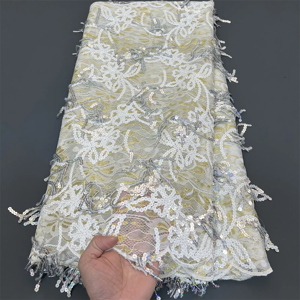 2025 High Quality African Nigerian With Tulle Lace Fabric Sequins Embroidery Dresses Beads Sewing Guipure Prom  5Yards PS0072