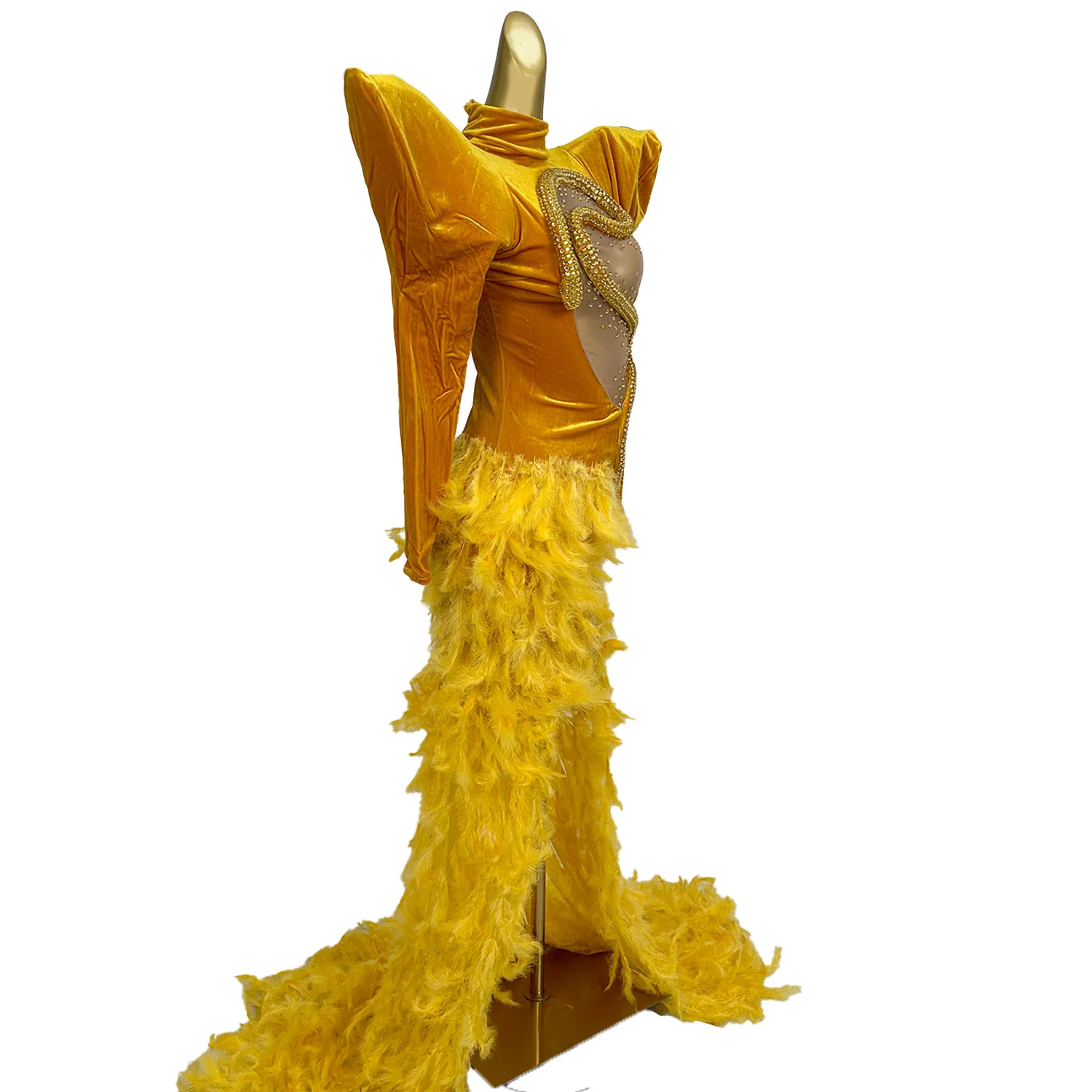 Yellow Rhinestone Feather Long Train Dress Wedding Birthday Celebrate Outfit Women Evening Party Photo Shoot Dresses Shelifu