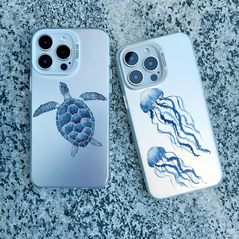 Ocean Animal Cute Dolphin Sea Turtle Sea Blue Phone Case For iPhone 11 12 13 Pro Max Mini 15 14 Pro Max 15 14 Plus Laser Covers