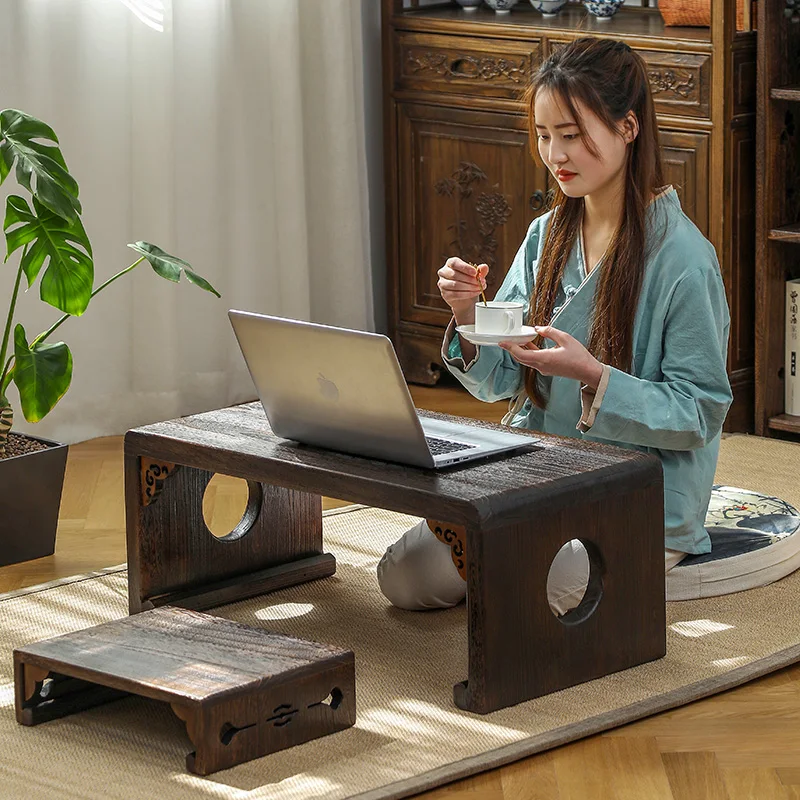 Japanese Low Tea Table Solid Wood Tatami Chabudai for Bay Window Minimalist Computer Desk Vintage