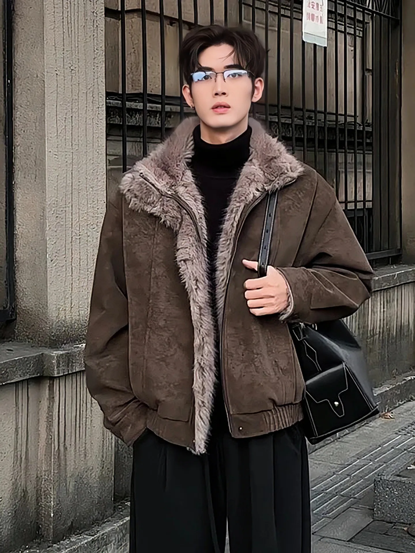 

Brown American Sle ort Cotton Jaet Men's Winter Fce Lined Fur Inteated Casual Warmth Youth Faion Zipper Closure