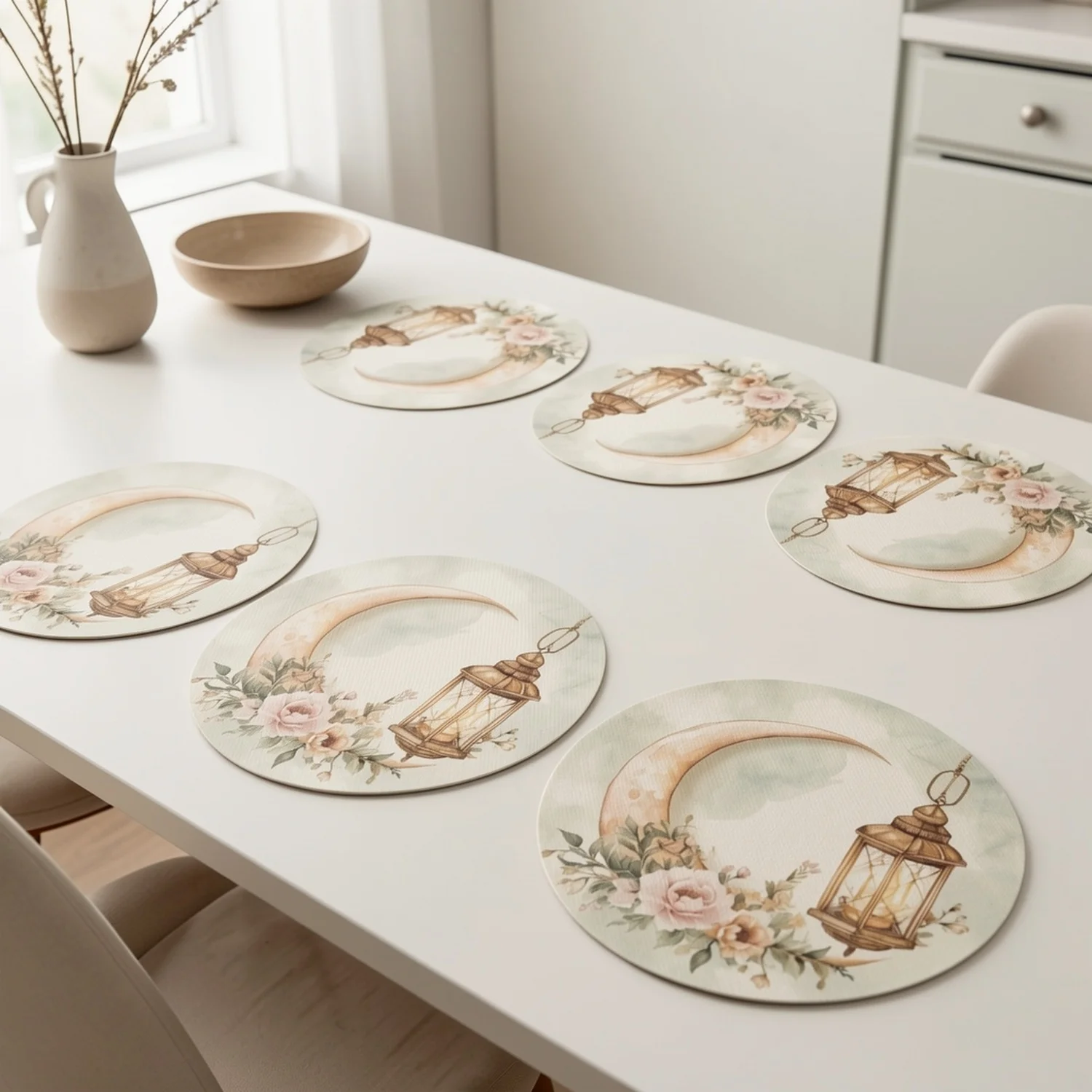 VIKAMA Round Vintage Placemats Moon Lantern Floral Linen Mats Non-Slip Heat Resistant for Elegant Farmhouse Dining Decor