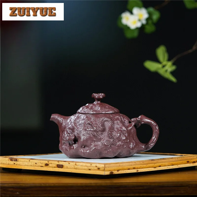 320ml Yixing Purple Clay Teapots Handmade Reishi Dragon Pot Raw Ore Stone Red Mud Tea Making Kettle With Infuser Zisha Tea Set