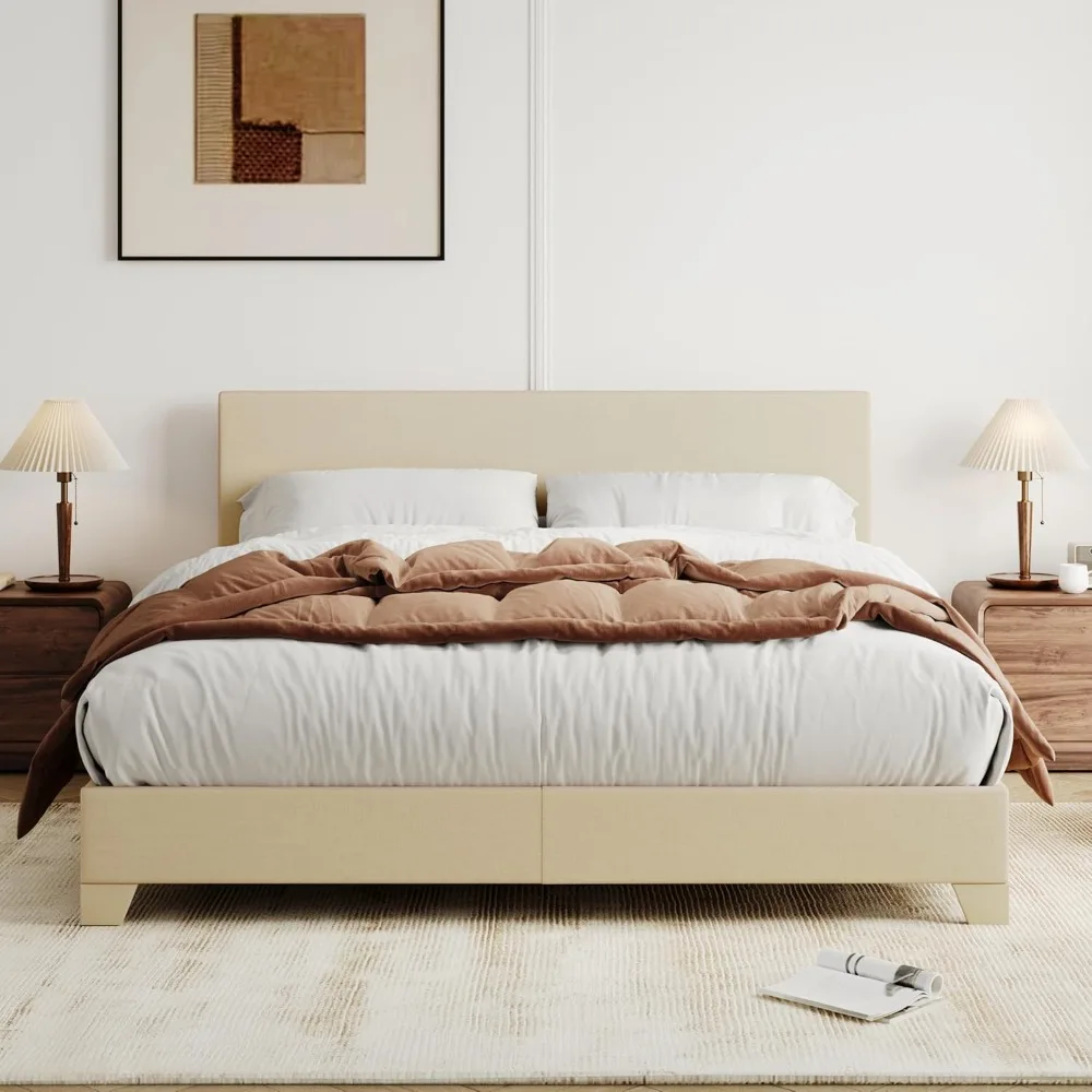 Bed Frame with Adjustable Headboard, Upholstered Platform Bed with Wood Slats, Heavy Duty Mattress Foundation, No Box Spring