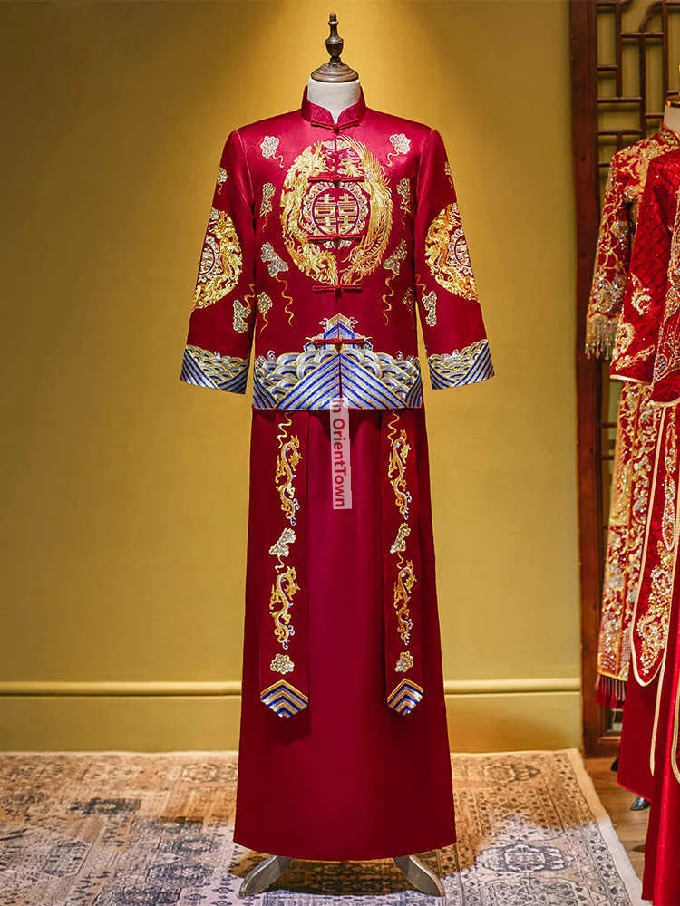 ملابس Xiuhe العريس التقليدية للرجال لحفلات الزفاف الصينية ملابس نخب + رداء رجالي تنين فينيكس مطرز تانغ زي